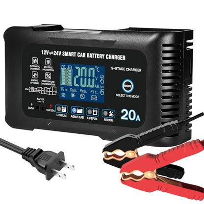 20Amp: 12/24V Smart Car Battery Charger – Automatic Maintainer, Trickle Charger & Desulfator with Overcharge Protection & Temperature Compensation – for Lead-Acid & Lithium & LiFePO4 Batteries