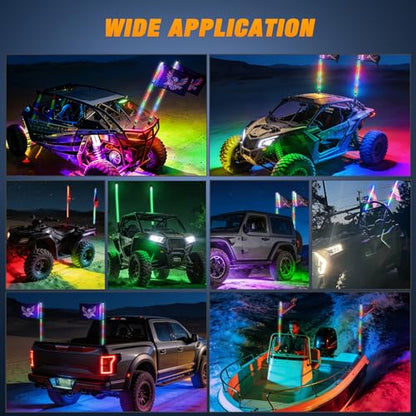 RGB LED Whip Light 2PCS 4FT with 6 Rock Lights Combo