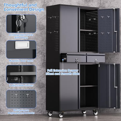 71 Inch Metal Garage Cabinet with 2 Drawers and Pegboard Doors
