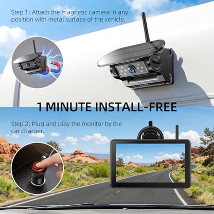 7 Inch Dual Solar Wireless Backup Camera Magnetic with HD1080P DVR Touchscreen