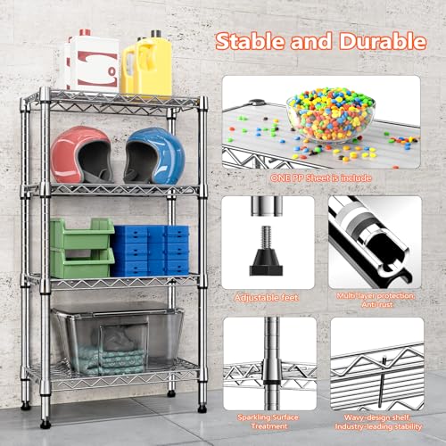 1000 lbs 4 Tier Shelf Metal Storage Shelves Wire Rack Closet Organizers with PP Board for Garage Kitchen Bathroom Laundry Chrome 11.8" D x 21.7" W x 39.5" H (4 Count)