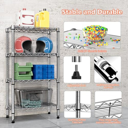 1000 lbs 4 Tier Shelf Metal Storage Shelves Wire Rack Closet Organizers with PP Board for Garage Kitchen Bathroom Laundry Chrome 11.8" D x 21.7" W x 39.5" H (4 Count)