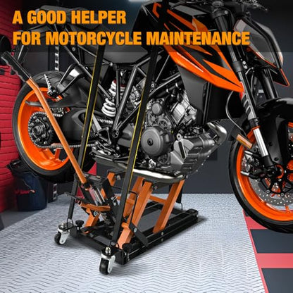 Motorcycle Lift Jack 1500 LBS Hydraulic Lifts ATV Scissor Jacks with Wheel Foot Pedal Handle Ratchet Belt Heavy Duty Lifter Stand Hoist Table for Dirt Bike Garage Storage Repair Tool