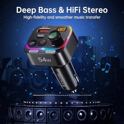 Bluetooth 5.4 FM Transmitter Car Adapter 54W with Light Switch