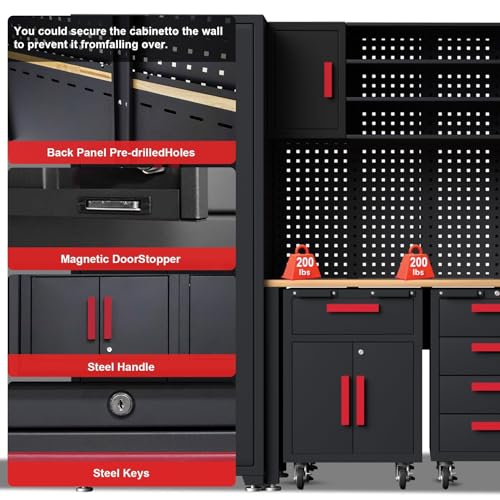 8 Piece Garage Cabinet Storage System with Workbench & Pegboard