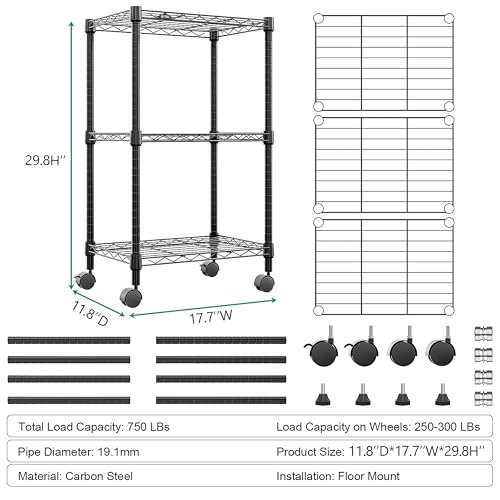 3 Tier Shelf Metal Storage Shelves Wire Rack Closet Organizers with Wheel for Garage Kitchen Bathroom Laundry Black 11.8" D x 17.7" W x 29.8" H