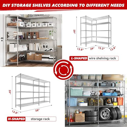 58" W Storage Shelves Wire Shelving 1400LB Metal Shelves for 5 Tier Shelving Unit with Shelf Adjustable Garage Shelving Rack for Pantry Kitchen Garage