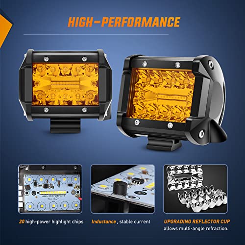 2PC 4Inch Amber Led Pods Triple Row 60W Flood Spot Combo Driving Fog Lights with 16AWG Wiring Harness
