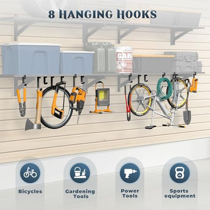 2 Pack Heavy Duty Garage Wall Shelving with 8 Hooks (2 Count)