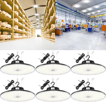 6Pack Commercial Bay Lighting 150W 200W 240W Wattage Adjustable 3000K 4000K 5000K 33600Lumen Waterproof Basement Warehouse Gym UL Listed LED Low Bay Lights