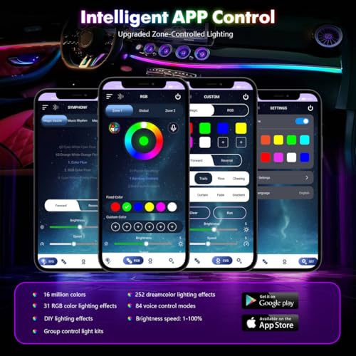 Dreamcolor Acrylic Car Interior Lights 18 in 1 RGB Car Ambient Lighting Kit APP Control Zoned Control System 252 Color Modes DIY 16 Million Colors Music Sound Active Neon Light Kits New Version