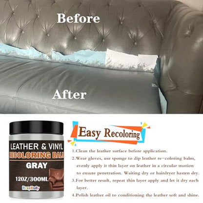 Gray Leather Recoloring Balm Vinyl Auto Dash Board Car Seats Interior Paint Furniture Dye Color Restorer Shoes Sofa Gloves Jacket Purse Bag Couch Stain Remover Fade Scratches Wear Out Repair (12 Fl Oz)