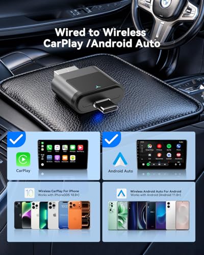 2-in-1 Wireless CarPlay Adapter USB C, Dual-Band WiFi (2.4/5GHz), BT 5.0, Wireless Android Auto Dongle, Native Dual Interface, Fast Connect for Factory Wired Cars