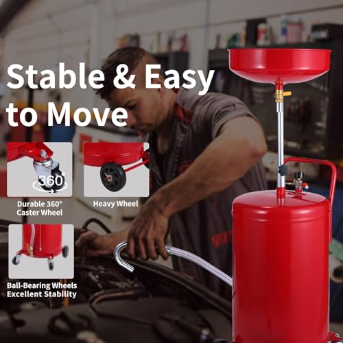 20 Gallon Portable Waste Oil Drain Tank Air Operated Drainage Adjustable Funnel Height with Wheel
