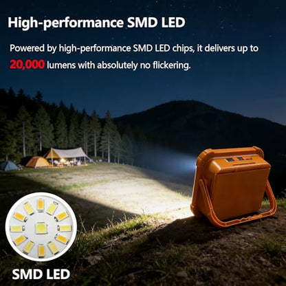Portable LED Work Solar Light 100W 24000mAh 20000 LM with Stepless Brightness Job Site Battery Rechargeable LED Floor Light for Emergency Worklight for Hurricane