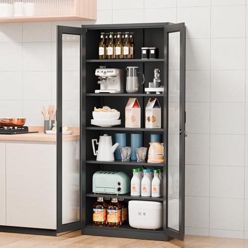 Lockable Display Cabinet with Glass Doors & 5 Adjustable Shelves