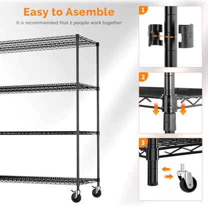 4 Tier Metal Storage Shelves 65''H Wire Shelving with Wheels for Storage Adjustable Heavy Duty Garage Shelving Storage Racks for Pantry Shelves Kitchen Office Garage