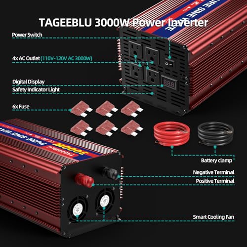 3000W Pure Sine Wave Power Inverter 12V DC to 110V 120V AC for Vehicles