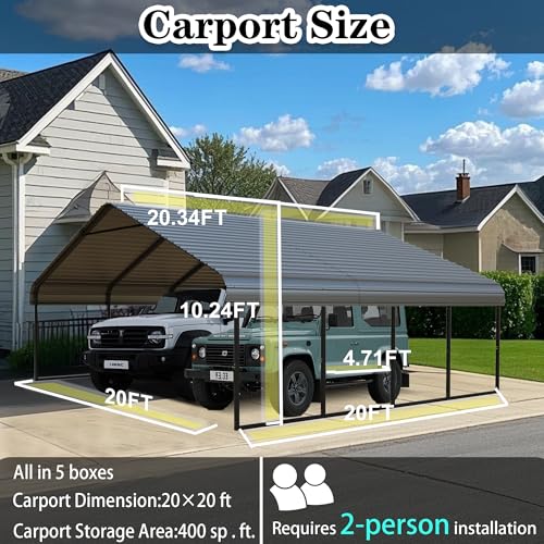20x20 FT Heavy Duty Metal Carport with Galvanized Steel Roof & Frame
