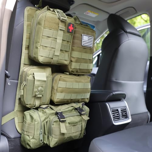 tactical car seat back organizer and storage truck seat covers with a Molle Vehicle Panel and 5 Different Size Molle Pouches for most models such as Jeep