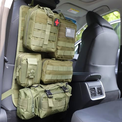 tactical car seat back organizer and storage truck seat covers with a Molle Vehicle Panel and 5 Different Size Molle Pouches for most models such as Jeep