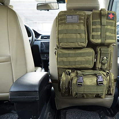 Universal Tactical Car Seat Back Organizer Bag Tactical Molle Vehicle Organizers Panel Vehicle Protector Organizers with 5 Detachable Pouches for Car Truck Ford Jeep