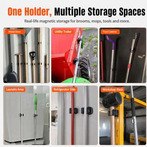 2 Pack Magnetic Broom Holder with 2 Pack Mini Magnetic Hooks (4 count)
