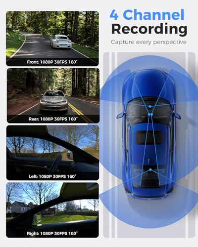 360 View 4 Channel Dash Cam Front and Rear Left Right Inside Camera for Cars