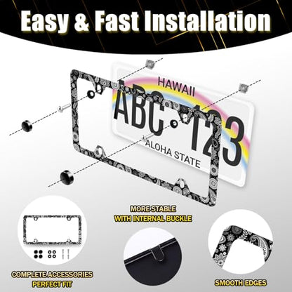Black White Paisley Stainless Steel Boho License Plate Frame 12.2 x 6.2Inch