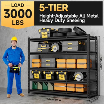 5 Tier 60”W X 20”D X 72”H Garage Shelving Heavy Duty 3000LBS Shop Shelves Heavy Duty Adjustable Unit Rack Metal Rack (5 Count)