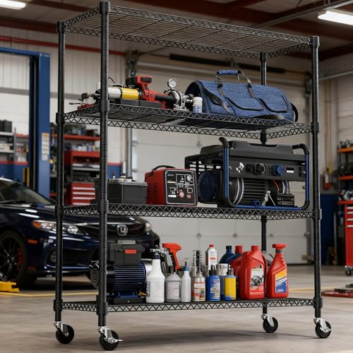 1400LBS 47.2" W 4 Tiers Storage Shelves Metal Shelving Unit with Wheels Heavy Duty Garage Shelving Adjustable Wire Shelves for Pantry