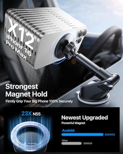 Military Grade】andobil 3 in1 Magnetic Phone Holder for Car Dashboard Windshield Vent 【Upgrade Suction & Strongest Magnet】Retractable for MagSafe Car Mount Mats for iPhone 17 16 15 14 Pro Max Sumsung