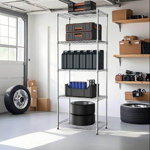 1250 lbs 5 Tier Shelf Metal Storage Shelves Wire Rack Closet Organizers with Wheel for Garage Kitchen Bathroom Laundry Chrome 13.7" D x 23.6" W x 62.4" H (5 Count)