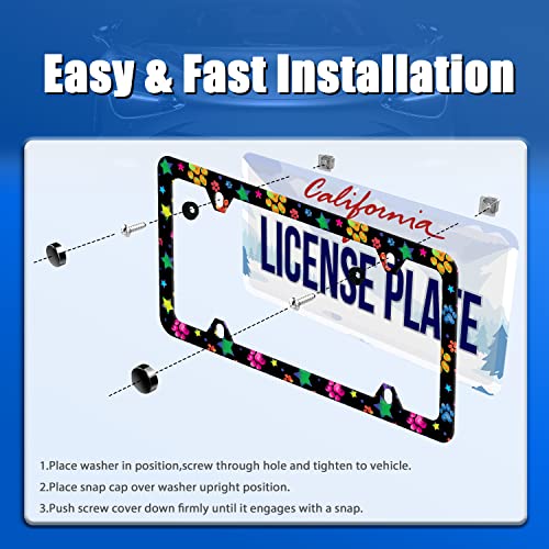 Colorful Paw License Plate Frame Stainless Steel Accessory 12.3x6.3 Inch