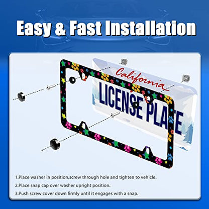 Colorful Paw License Plate Frame Stainless Steel Accessory 12.3x6.3 Inch
