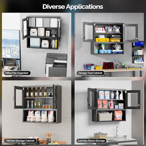 Metal Wall Cabinet with Locking Glass Doors & Magnetic LED Sensor Light