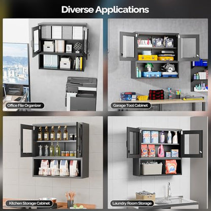 Metal Wall Cabinet with Locking Glass Doors & Magnetic LED Sensor Light