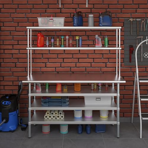 24" x 60" Stainless Steel Work Table with 3 Shelves and 12" Wide Double Tier Overshelf