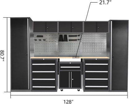 JZD Garage Storage Cabinet Set with Workbench System, Included Tool Cart, for Auto Repair Shop Basement Factory