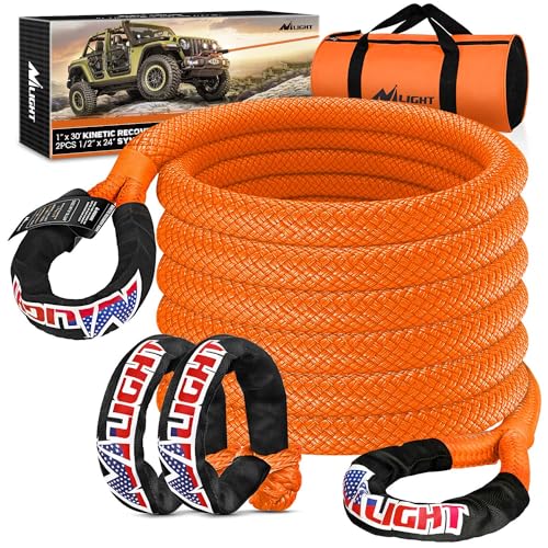 Kinetic Recovery Tow Rope Kit with 2 Soft Shackle 1" x 30ft Heavy Duty Offroad Tow Rope Snatch Strap Towing Strap kit