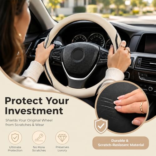 Beige Steering Wheel Cover with Coasters Leather Universal 15 inch