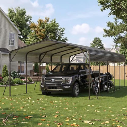 13x26 Metal Carport Heavy Duty Carport Canopy with Upgraded Triangular Reinforced Base Galvanized Steel Roof Car Port Garage Shelter for Vehicle Boat Tractor Storage Grey