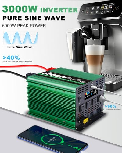 3000 Watt Pure Sine Power Inverter 12V to 110V 120V DC to AC Converter with 4 AC Outlets
