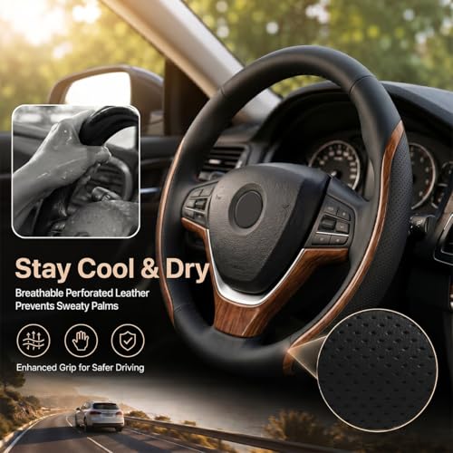 Black Steering Wheel Cover Wood Grain Leather Universal 14.5" (3 Count)