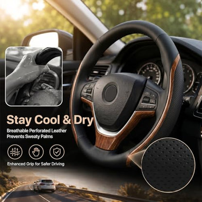 Black Steering Wheel Cover Wood Grain Leather Universal 14.5" (3 Count)
