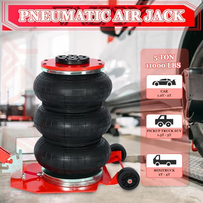 5T Triple Bag Air Jack 11000lbs Pneumatic Jack 3s Fast Lift Up 16in Airbag Jack with Adjustable Long Handle Heavy Duty Triple Air Bag Jack Lift for Cars Garage