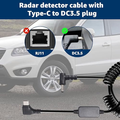 USB C to DC3.5 Radar Detector Power Cable for Cobra Uniden Whistler
