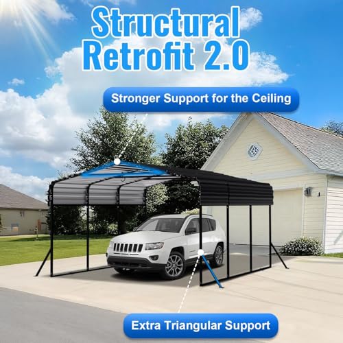 10x15FT Heavy Duty Metal Carport with Side Support Poles for All Weather