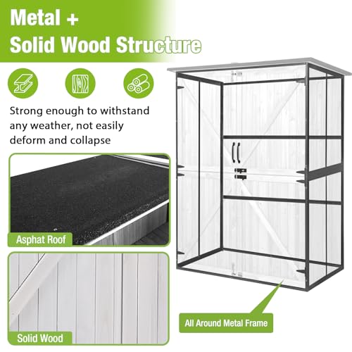 Outdoor Storage Cabinet Durable Metal Frame and Solid Wood Vertical Tool Shed with 3 Adjustable Height Shelves and Bottom Floor for Patio