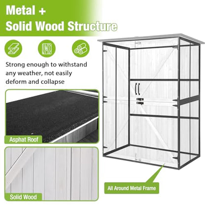 Outdoor Storage Cabinet Durable Metal Frame and Solid Wood Vertical Tool Shed with 3 Adjustable Height Shelves and Bottom Floor for Patio